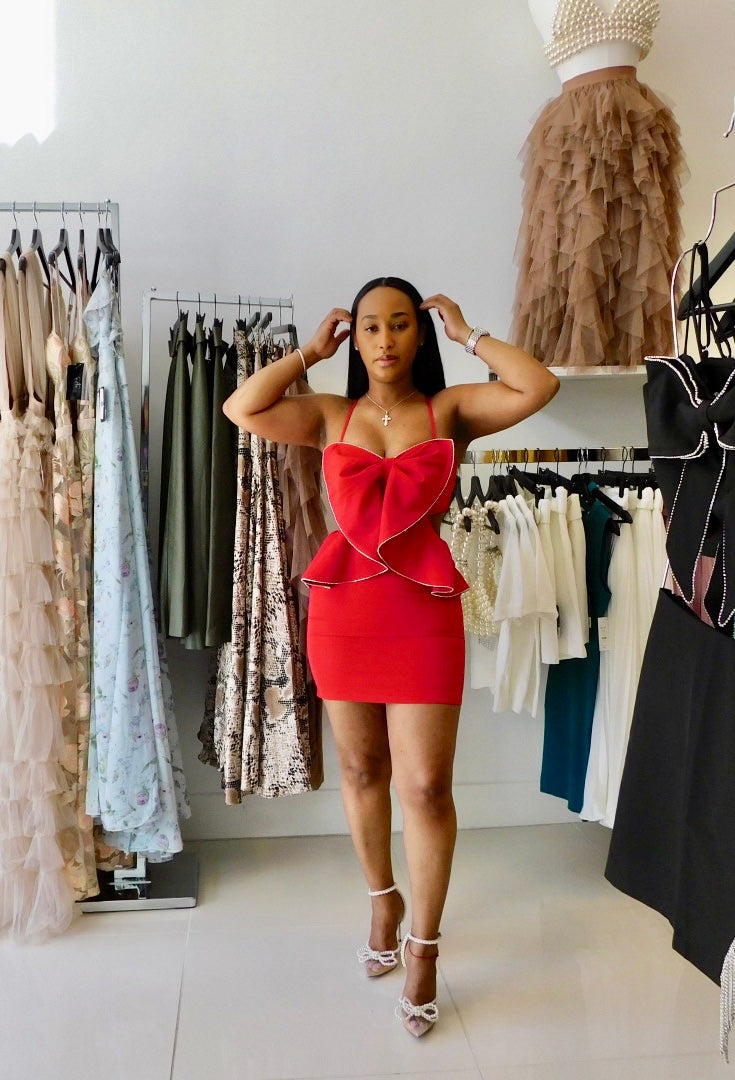 red bow mini dress Red Satin Bow Mini Dress