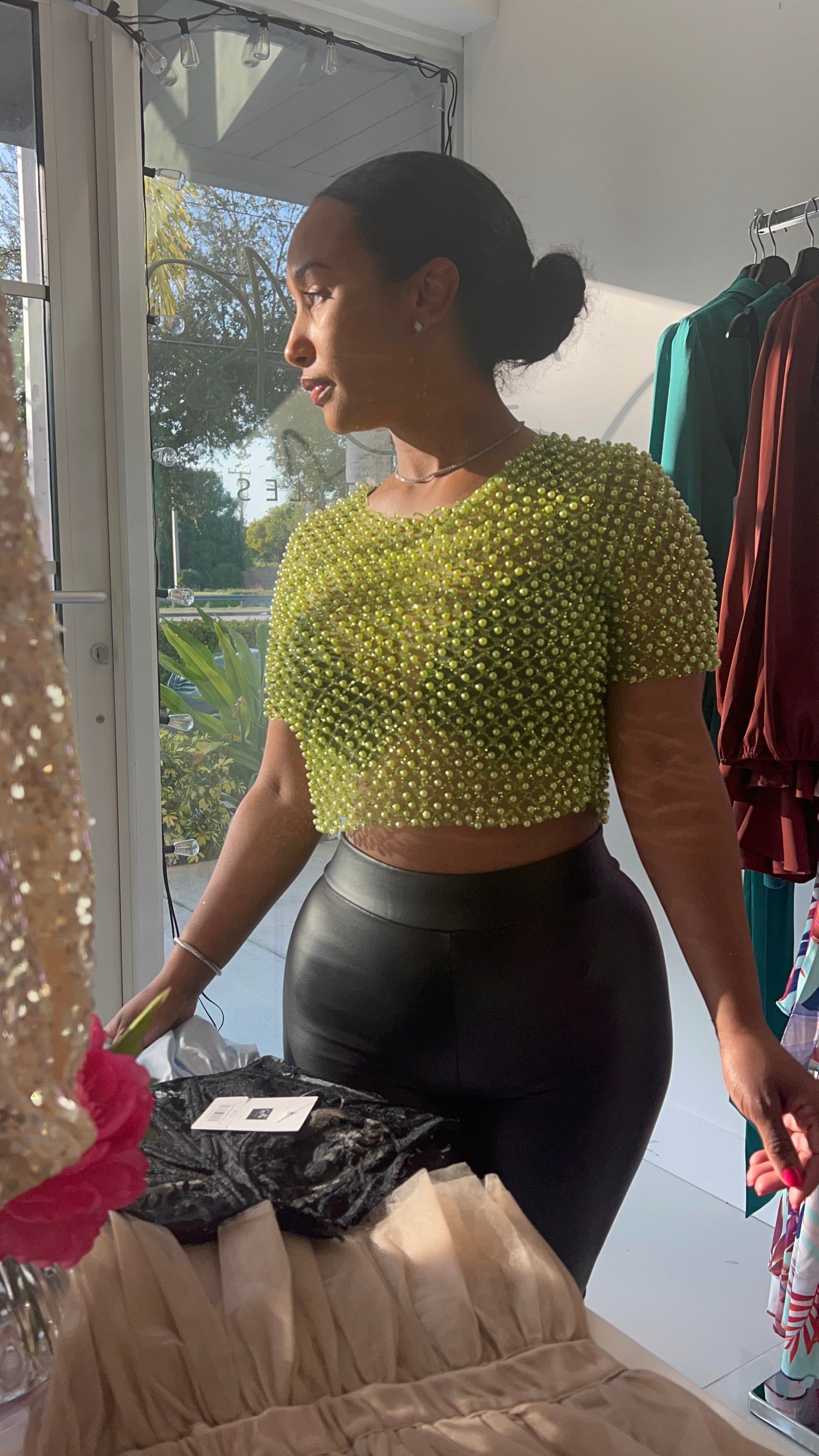 Pearls & Glits Crop Top Green